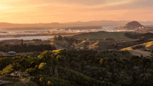 View of bay and mount at sun rise