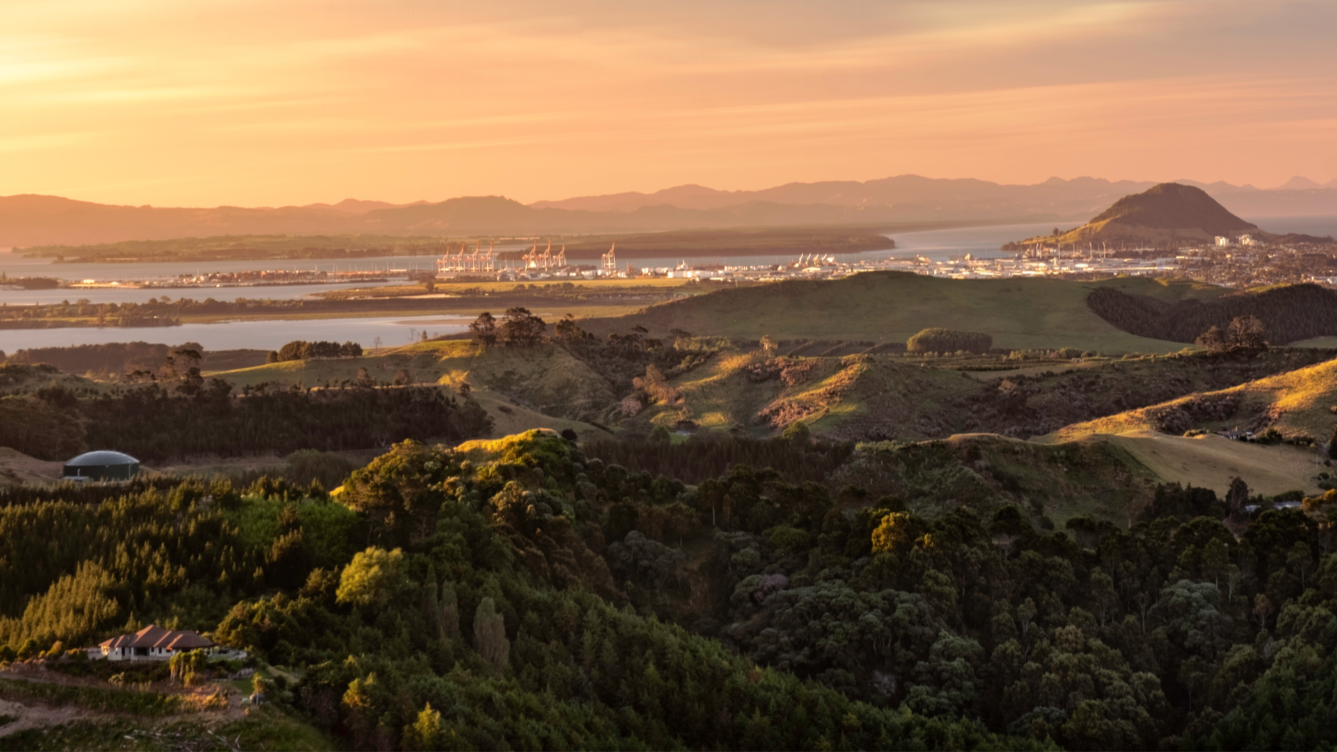 View of bay and mount at sun rise