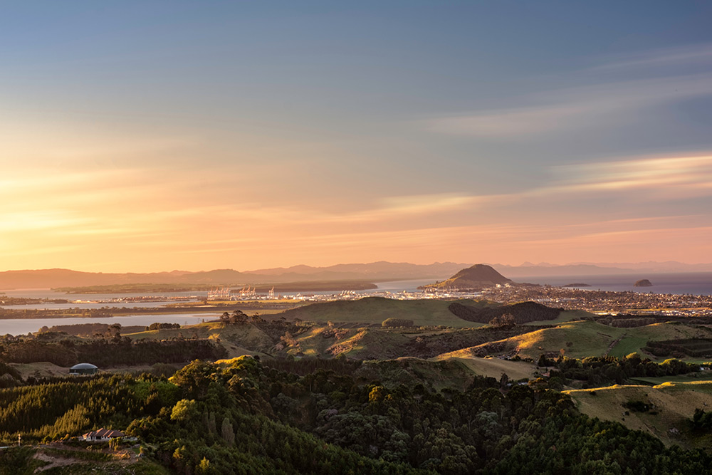 View of bay and mount at sun rise